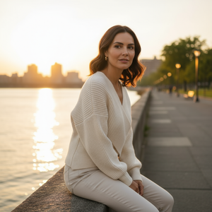 Woman in a white outfit sitting by a waterfront at sunset with a city skyline in the background.