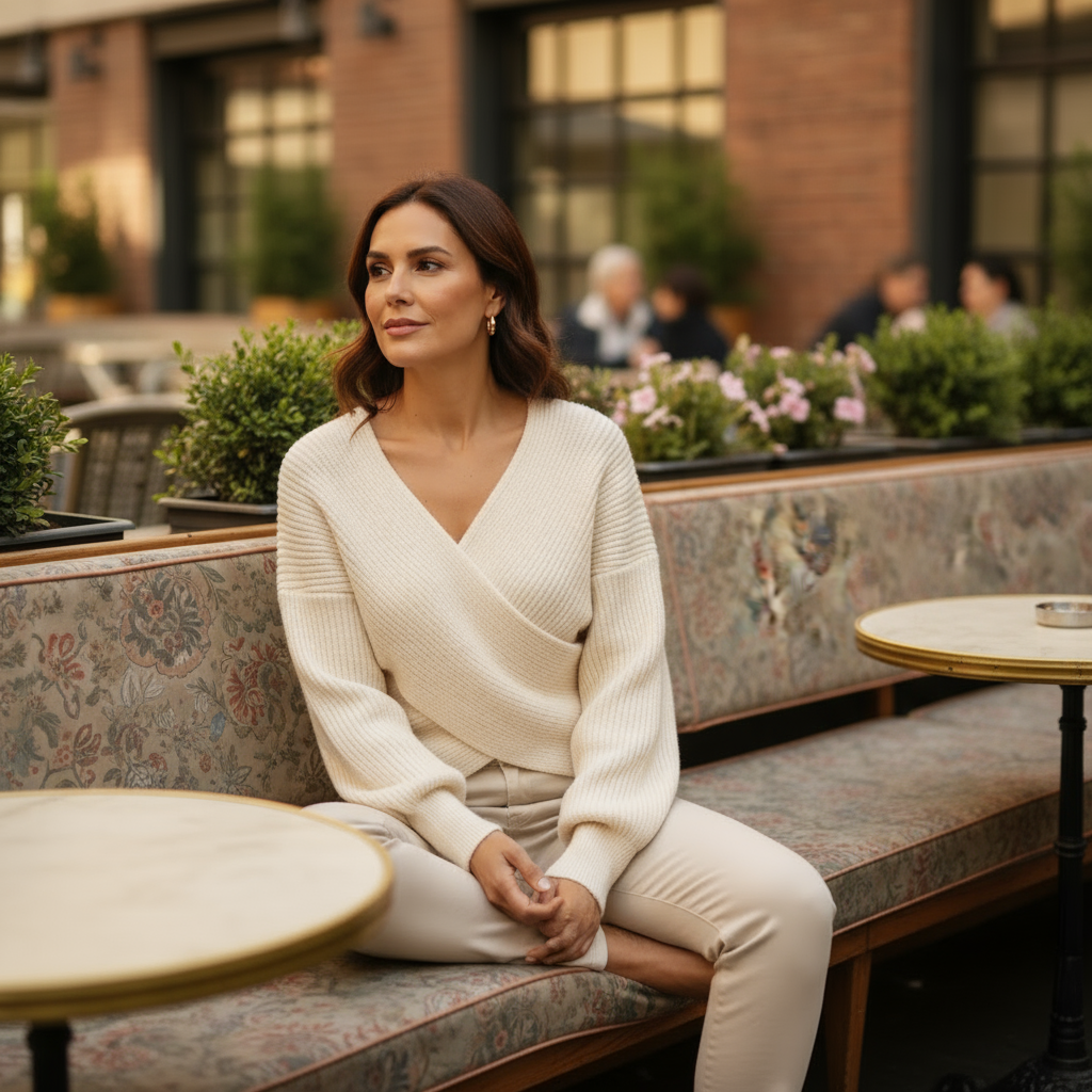 Woman sitting on a bench in an outdoor cafe setting