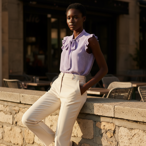 Woman in a purple blouse and white pants leaning against a stone wall outdoors.