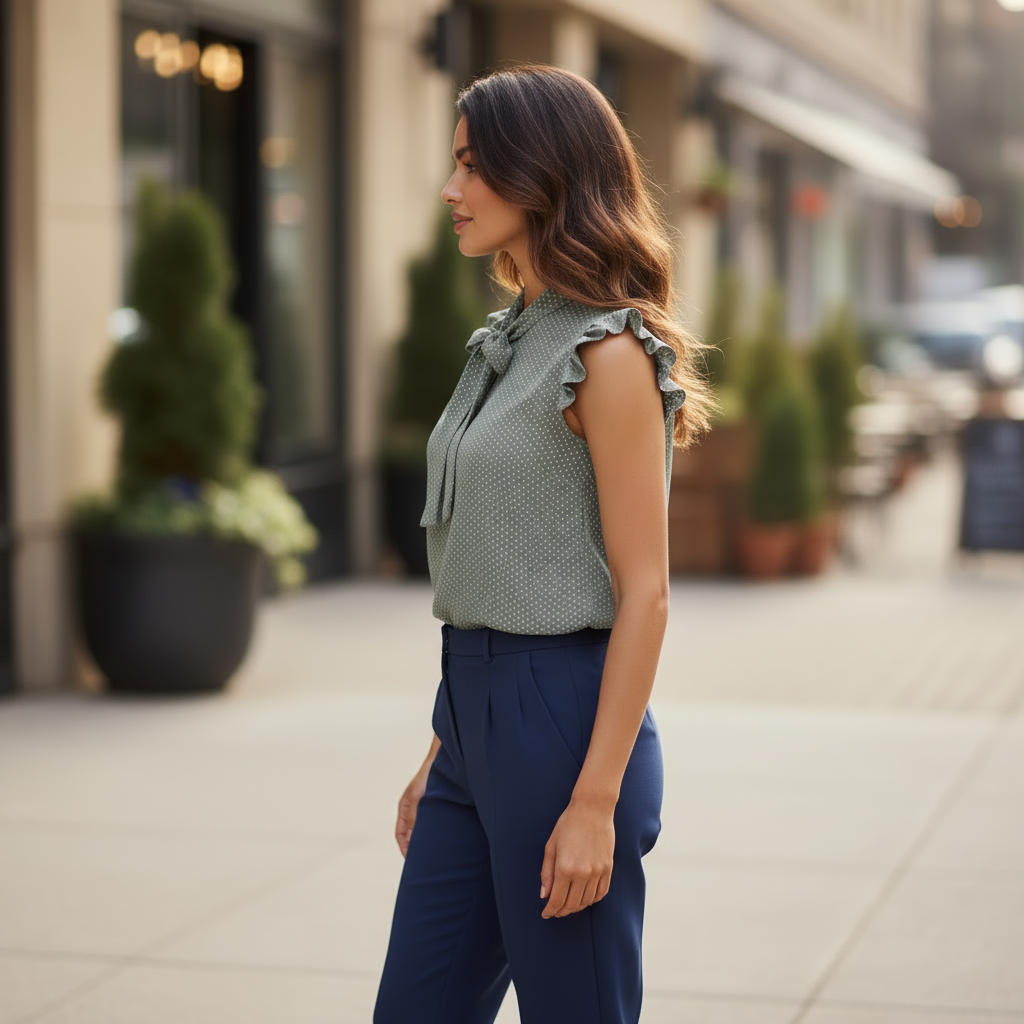 Woman in a green top and blue pants walking on a city street.