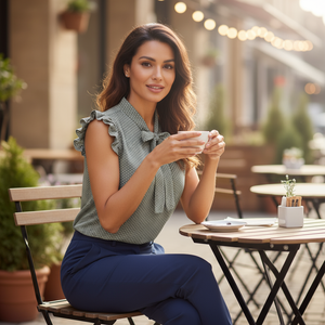 Woman sitting at an outdoor cafe holding a cup