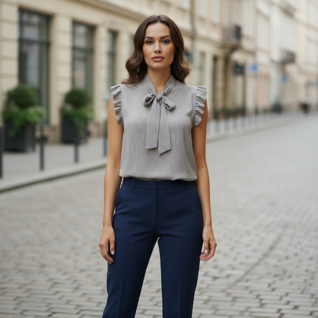 Woman in a gray blouse with ruffled sleeves and a bow tie, standing on a city street.