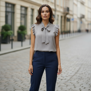 Woman in a gray blouse with ruffled sleeves and a bow tie, standing on a city street.