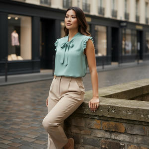 Woman in a light green blouse and beige pants leaning against a stone wall in an urban setting.