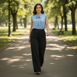 Woman walking in a park wearing a light blue blouse and black pants.