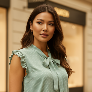 Woman wearing a light green polka dot dress with a bow tie in front of a blurred background
