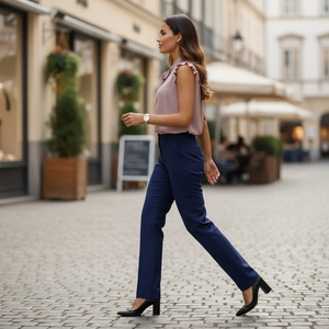 Woman walking on a street wearing a pink blouse and blue pants.