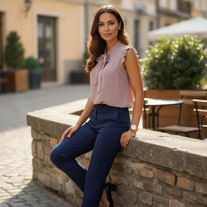 Woman sitting on a stone wall in an outdoor setting with buildings and tables in the background