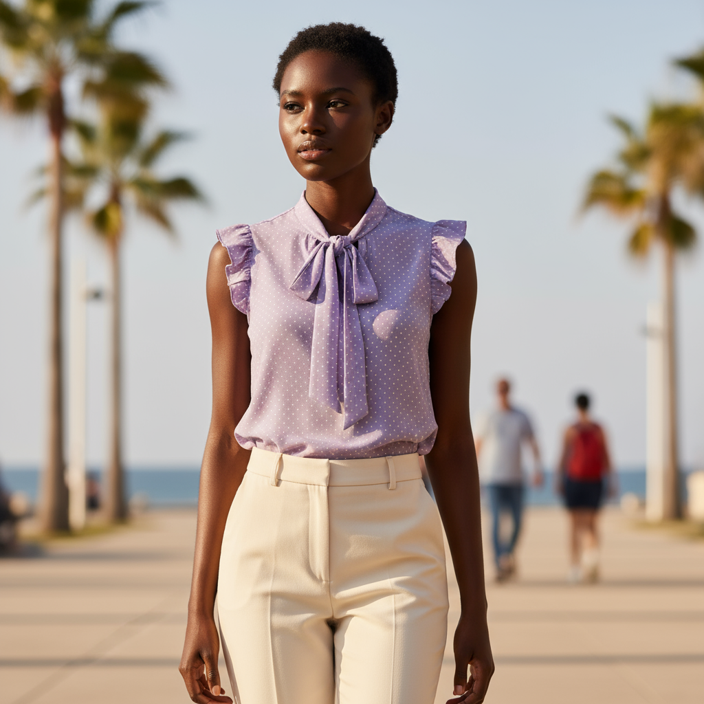 Woman wearing a light purple blouse with ruffled sleeves and a bow tie, standing on a promenade with palm trees and people in the background.