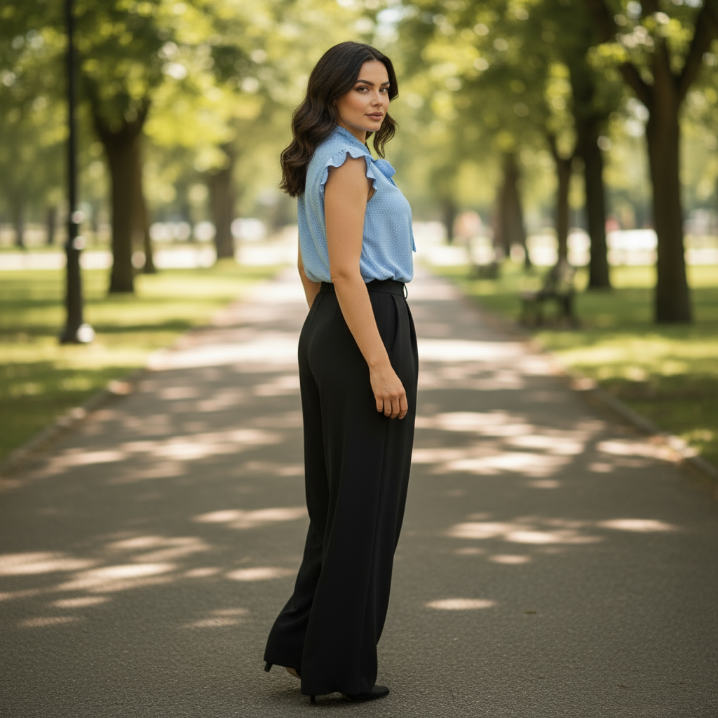Woman walking in a park wearing a light blue blouse and black pants.