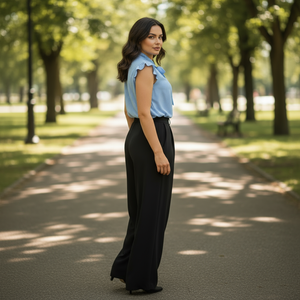 Woman walking in a park wearing a light blue blouse and black pants.