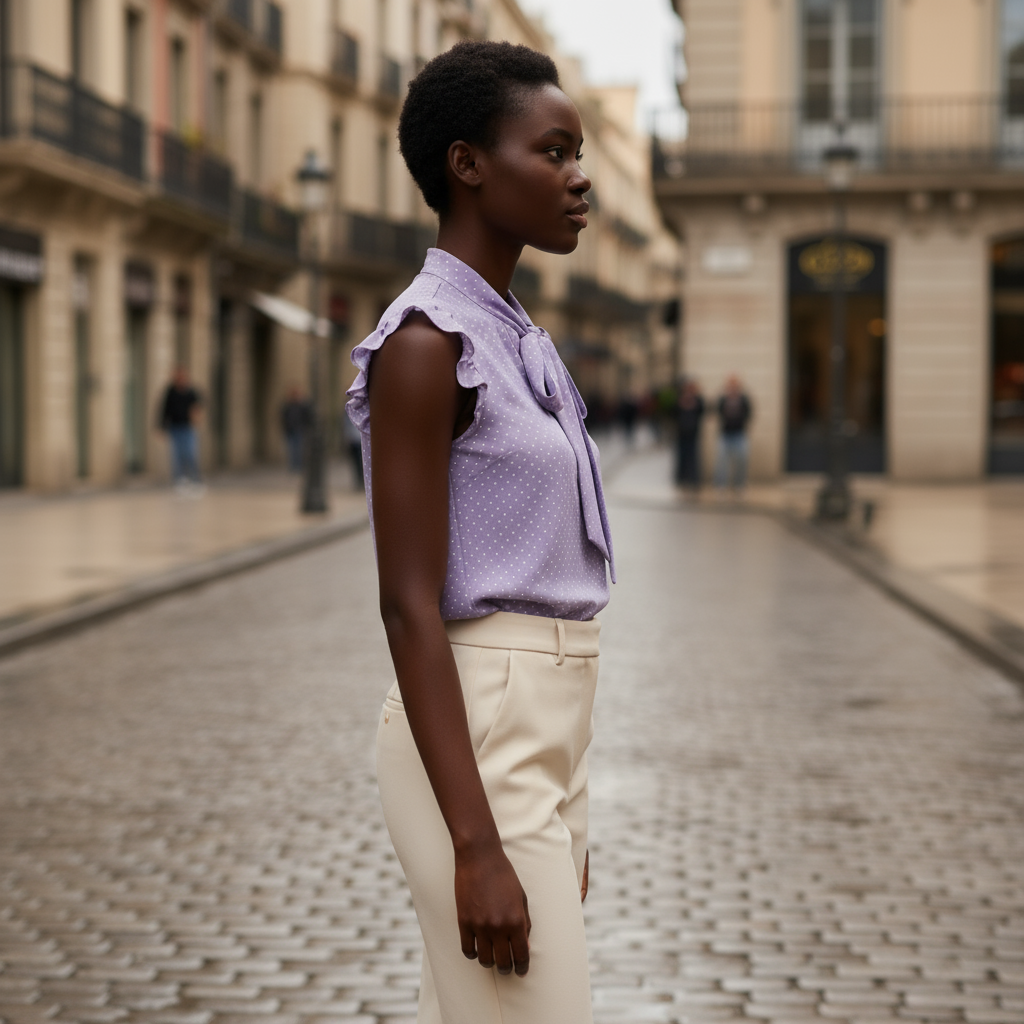Woman in a purple blouse and white pants standing on a cobblestone street.
