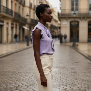 Woman in a purple blouse and white pants standing on a cobblestone street.
