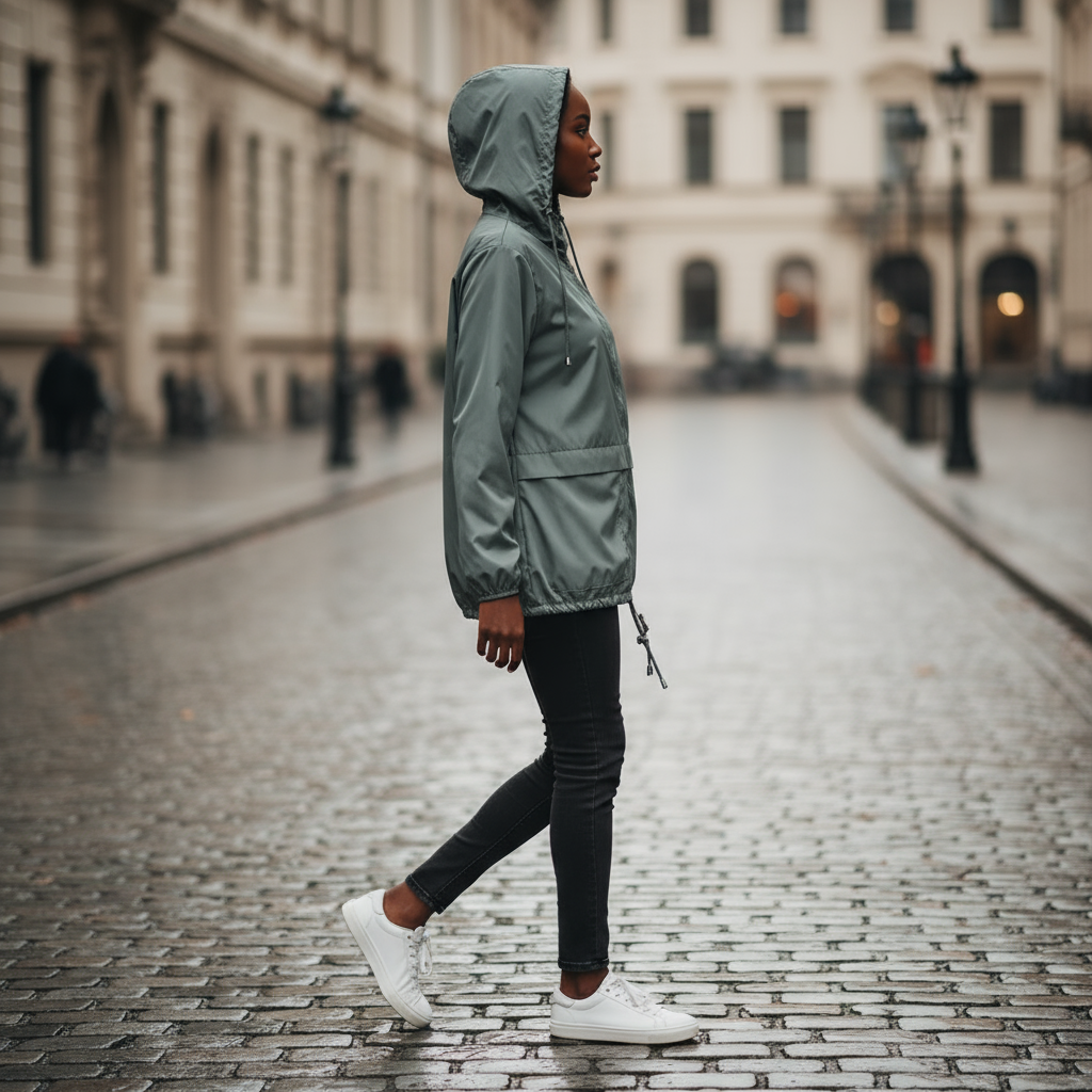 Person wearing a green raincoat walking on a cobblestone street.
