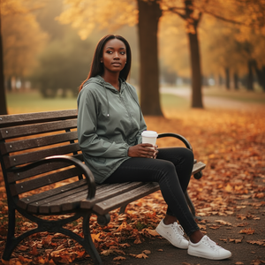 Woman sitting on a bench in an autumn park holding a coffee cup.