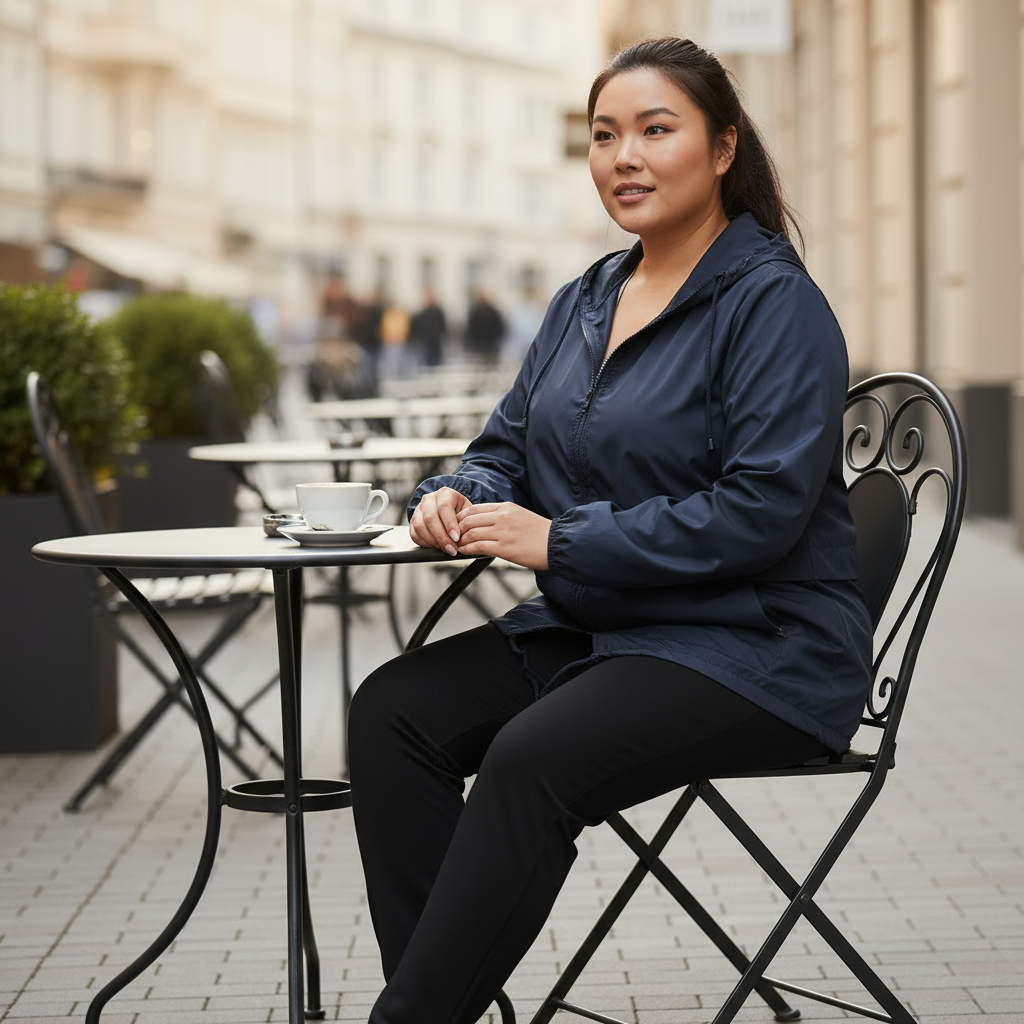 Woman sitting at an outdoor cafe table with a cup of coffee