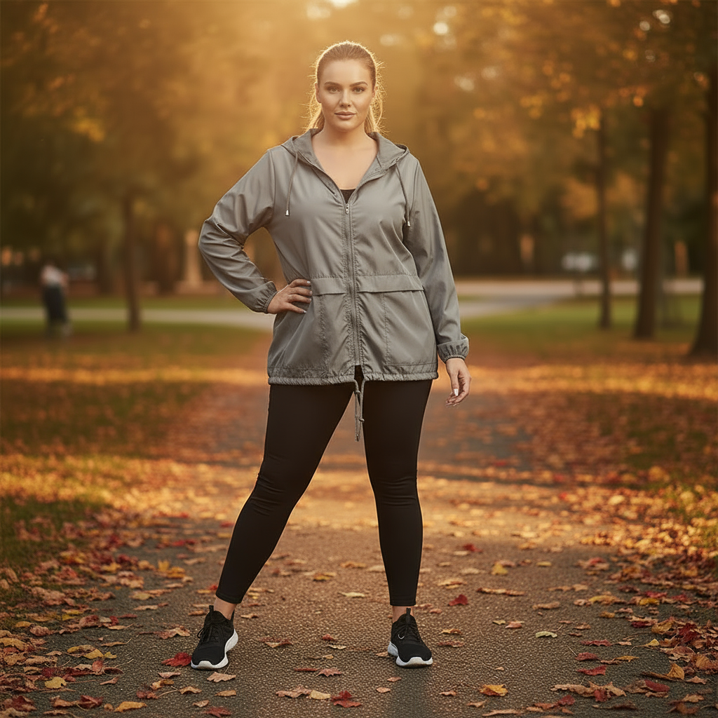 Woman in a gray jacket and black leggings standing on a path with autumn leaves and trees in the background.