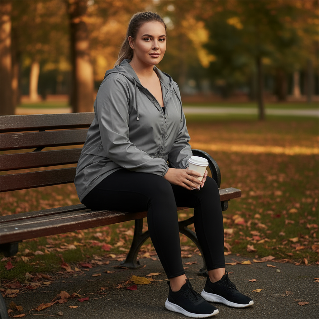 Woman sitting on a bench in a park holding a coffee cup