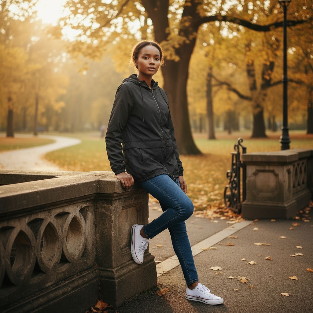 Woman leaning on a stone wall in an autumn park