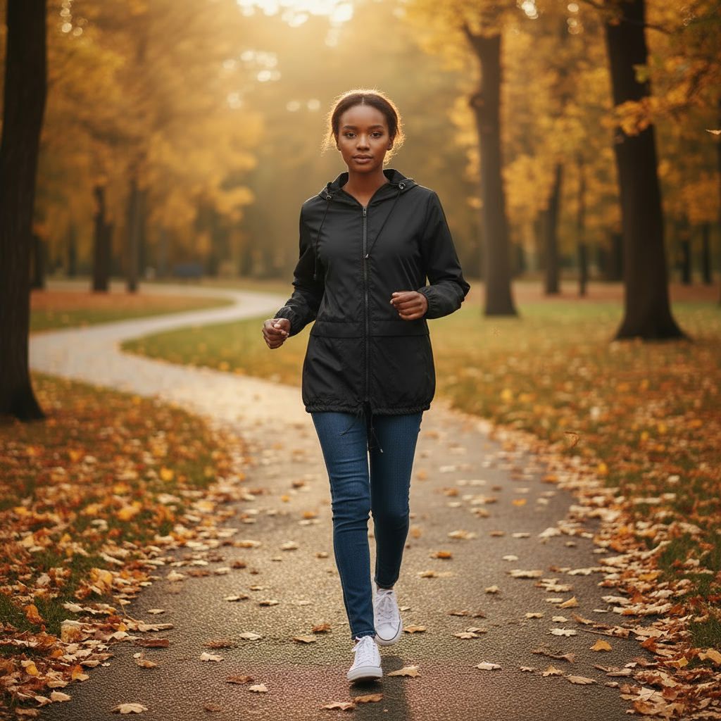 Woman jogging in a park with autumn leaves and trees.