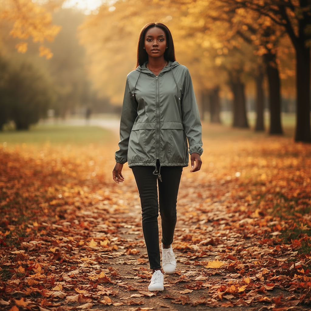 Woman walking on a leaf-covered path in an autumn park