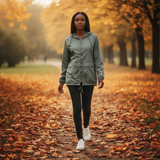 Woman walking on a leaf-covered path in an autumn park