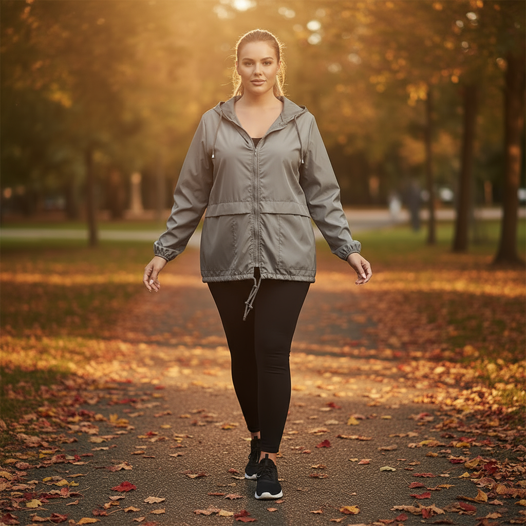 Woman in a gray jacket and black leggings standing on a path with autumn leaves and trees in the background.