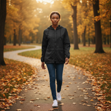 Woman walking on a path in a park with autumn leaves