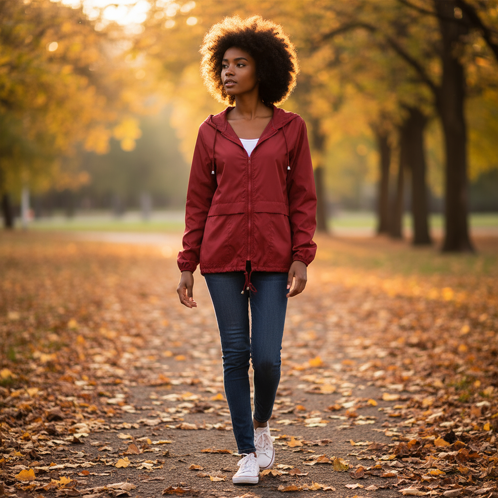 Woman in a red jacket walking on a path with autumn leaves