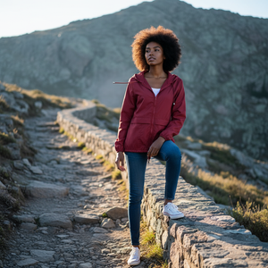 Woman in a red jacket standing on a stone path with mountains in the background