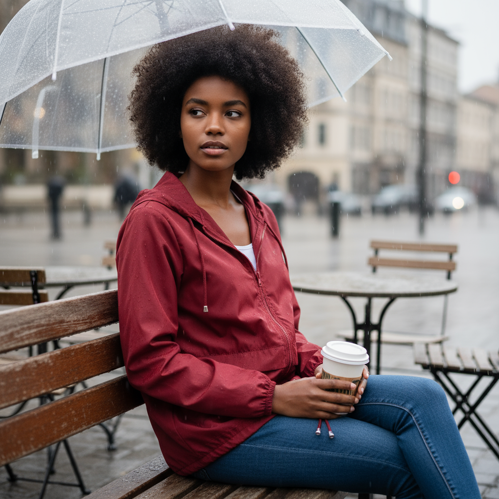 Woman in red jacket holding a transparent umbrella and a coffee cup, sitting on a bench outdoors.