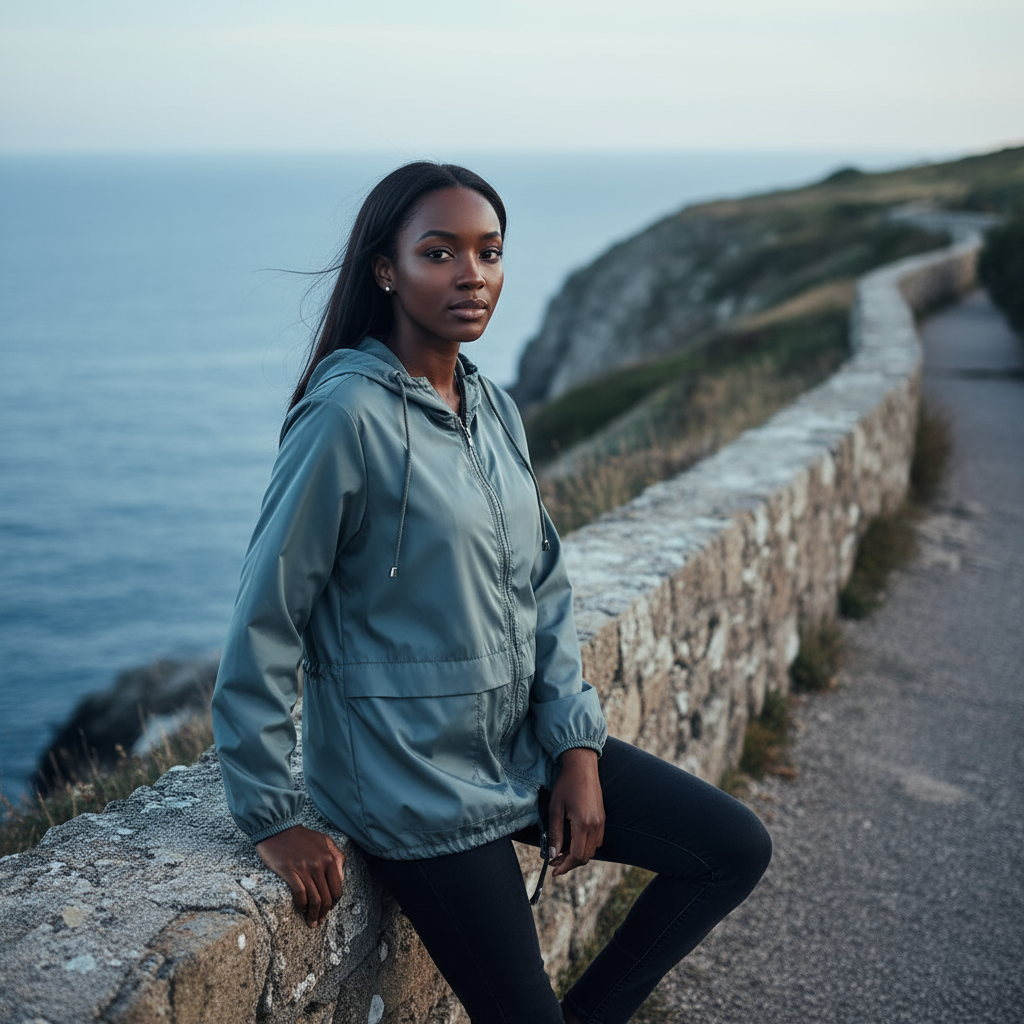 Woman in a light blue jacket standing by a stone wall with ocean and cliffs in the background