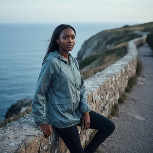 Woman in a light blue jacket standing by a stone wall with ocean and cliffs in the background