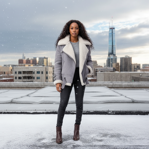 Woman wearing a grey shearling jacket standing on a snowy rooftop with city skyline in the background.