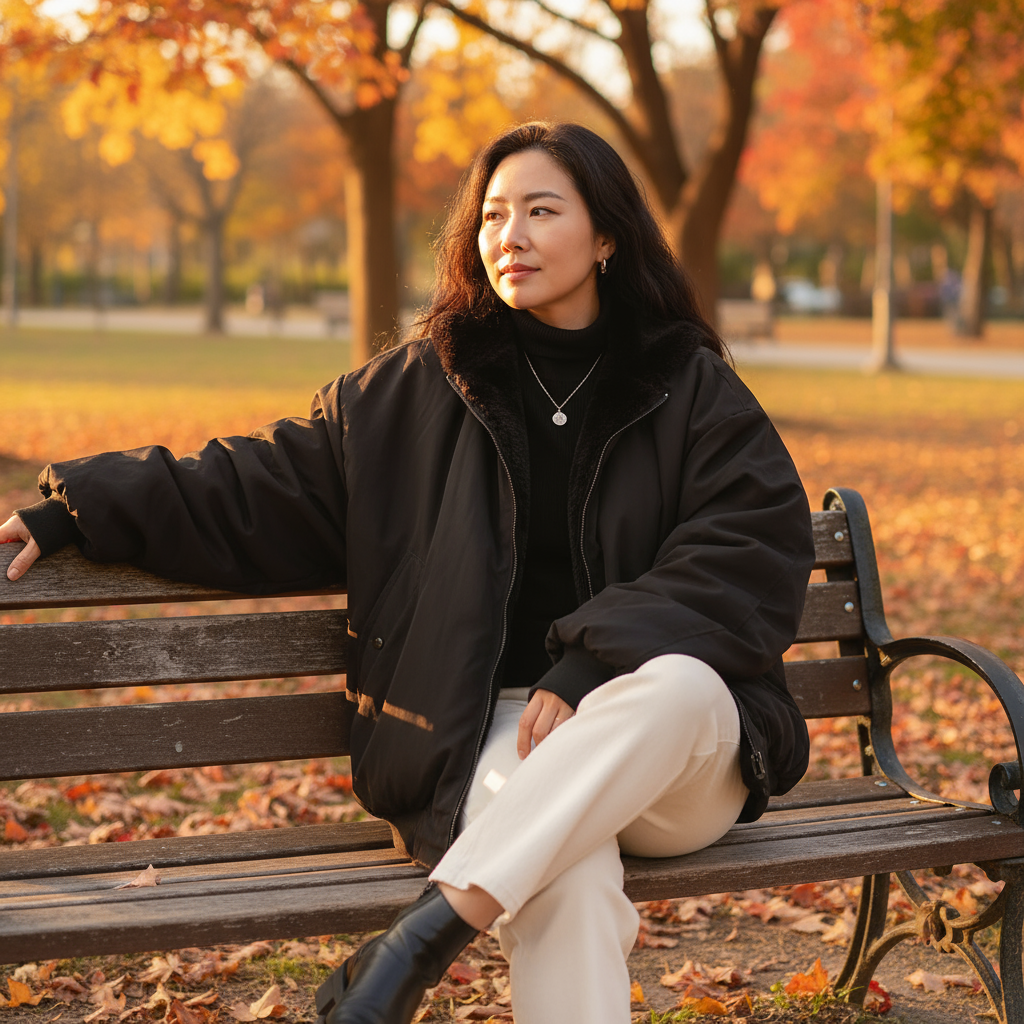 Woman sitting on a bench in a park with autumn leaves