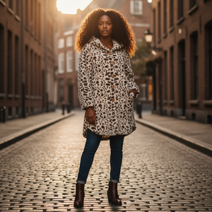 Woman wearing a leopard print coat on a cobblestone street