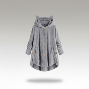 Hooded fleece coat with buttons and cat ear details on a hanger.