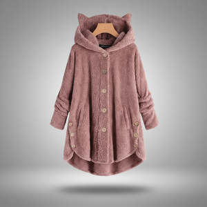 Hooded fleece coat with buttons and cat ear details on a hanger.