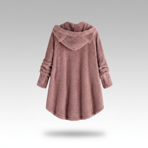 Hooded fleece coat with buttons and cat ear details on a hanger.