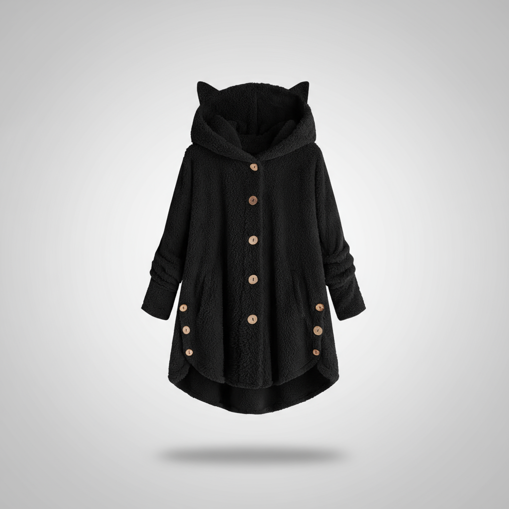 Hooded fleece coat with buttons and cat ear details on a hanger.