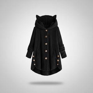 Hooded fleece coat with buttons and cat ear details on a hanger.