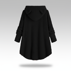 Hooded fleece coat with buttons and cat ear details on a hanger.