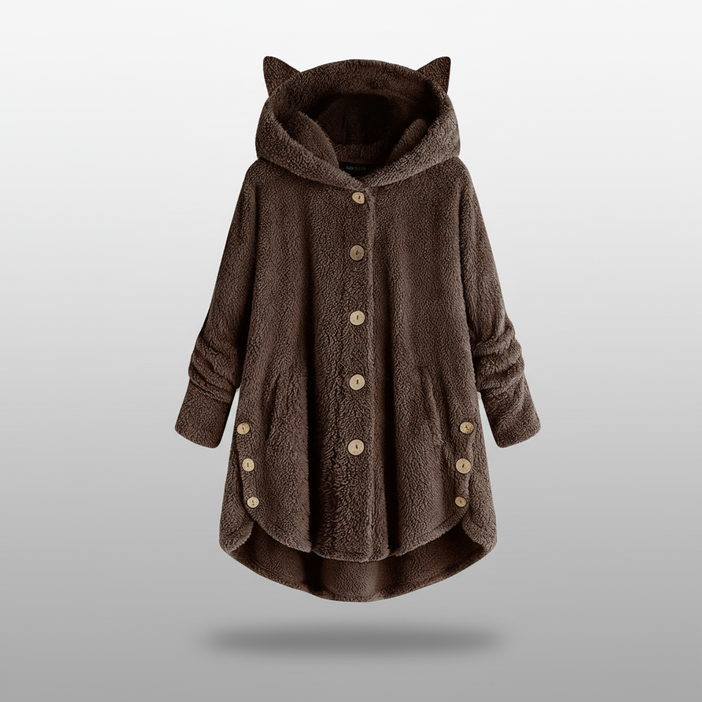 Hooded fleece coat with buttons and cat ear details on a hanger.