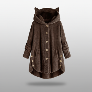 Hooded fleece coat with buttons and cat ear details on a hanger.