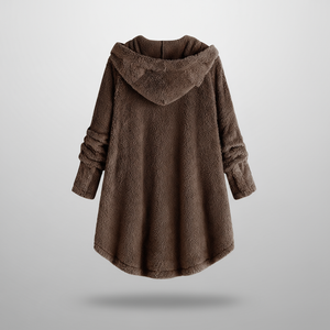 Hooded fleece coat with buttons and cat ear details on a hanger.