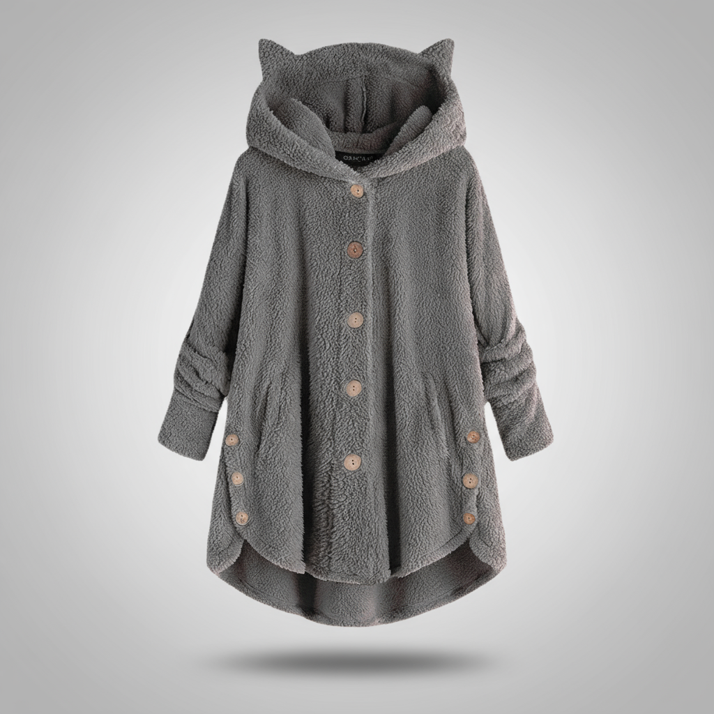 Hooded fleece coat with buttons and cat ear details on a hanger.