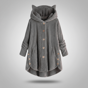 Hooded fleece coat with buttons and cat ear details on a hanger.