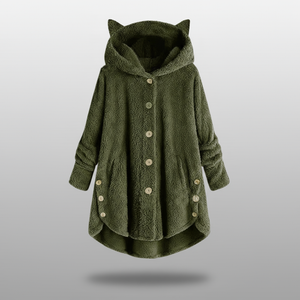 Hooded fleece coat with buttons and cat ear details on a hanger.