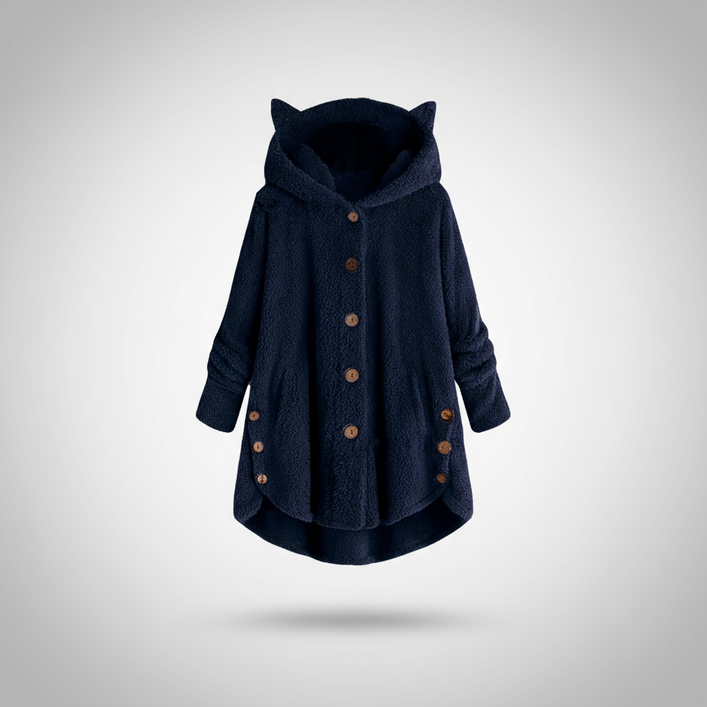 Hooded fleece coat with buttons and cat ear details on a hanger.