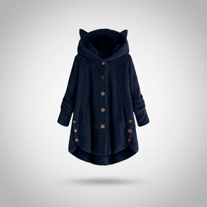 Hooded fleece coat with buttons and cat ear details on a hanger.